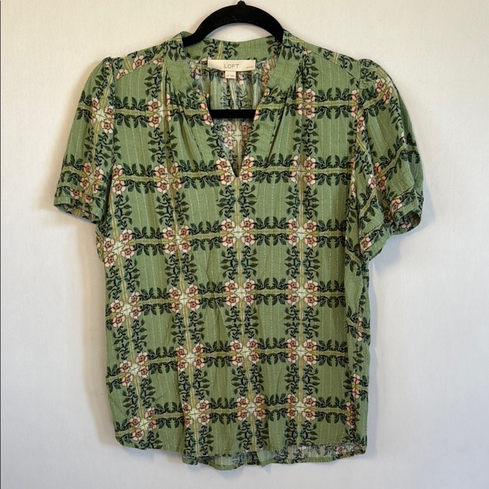 LOFT Green Puff Sleeve Mandarin Collar Blouse